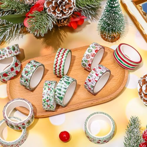 Whaline 12 Rolls Christmas Washi Tape Watercolor Xmas Tree Poinsettia Flower Holly Berry Decorative Masking Tape for Scrapbook Journal DIY Art Craft Gift Wrapping
