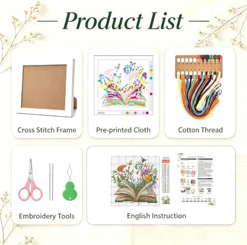 Book Flowers Stamped Cross Stitch Kits for Adults Beginners with Frame