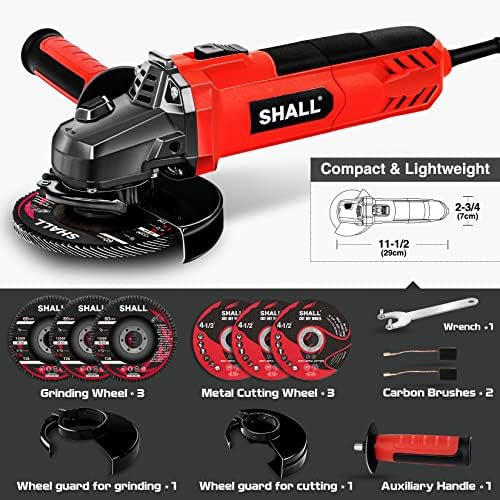 7.5Amp 4-1/2 Inch 12000 RPM Angle Grinder with 2 Guards, 3 Cutting Wheels, 3 Discs, Non-Slip Handle and Carbon Brush for Metal and Wood