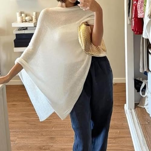Nicoxijia Women Y2K Sheer Knit Poncho Top Lightweight Summer Beach Knit Shrug Shawl Bolero Off Shoulder Mesh Sweater Cover Up