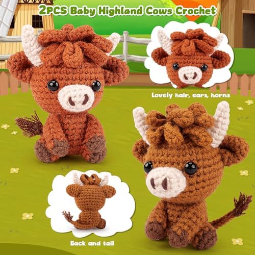 2PCS Highland Cow Crochet Kit for Beginners Crochet Starter Kit for Adults