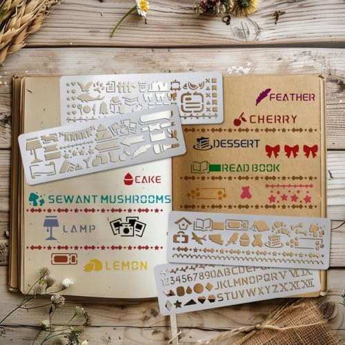 UNICRAFTALE 4Pcs Metal Stencils for Wood Burning Mixed Patterns Stencils Stainless Steel Reusable Templates Alphabet and Number Bookmark Ruler School Supplies for DIY Engraving Painting Scrapbooking