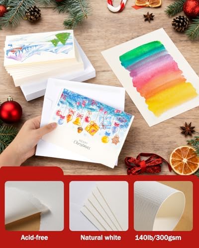 Watercolor Cards and Envelopes Set, 50 Folded Blank 5x7 Inch Greeting Cards