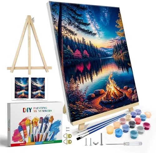 JOOZ Paint by Numbers Kit for Adults with Frame, Lake Landscape Paint by Number with Easel, DIY Sunset Landscape Acrylic Oil Painting Kit for Home Wall Decor 8x12 Inch