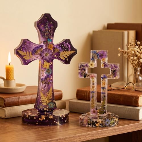 Cross Resin Mold Set with Base, 2PCS Silicone Standing Cross Molds, Hollow Cross Mold and Scalloped Cross Mold for Epoxy Resin, Plaster, Soap, Wax, DIY Religious Craft Decorations