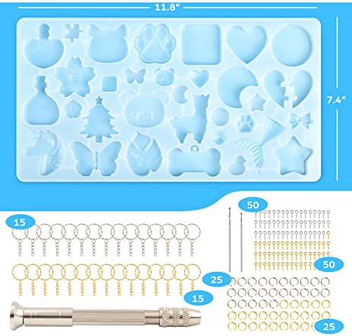 Mocoosy 182Pcs Resin Molds Silicone Kit for Keychains, 32 Cavities Silicone Molds for Epoxy Resin Casting, Variety Shaped Resin Key Chain Molds Making Set DIY Ornaments Crafts Supplies