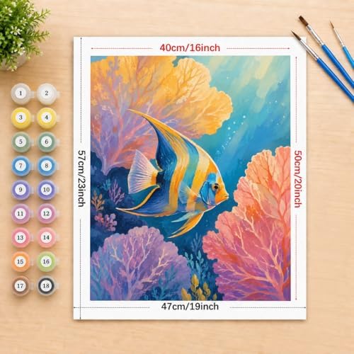 Ocean Animals Digital Painting Kit for Adults - DIY Tropical Angelfish Coral Reef Oil Painting on Canvas 16x20 Inches, Acrylic Paint Kit, Good for Beginners, Coastal Home Decor or Gift Artwork