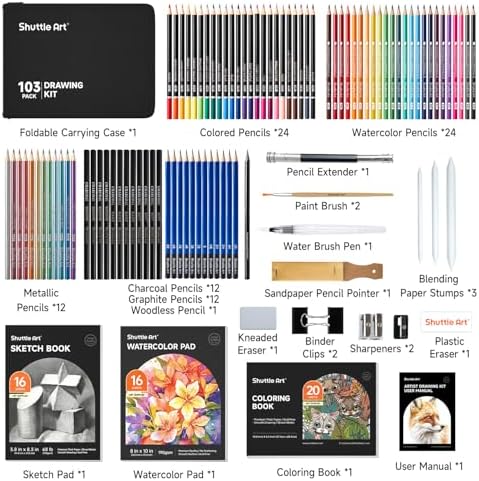 Shuttle Art 103 PCS Drawing Kit, Professional Drawing Supplies with Sketch, Charcoal, Colored, Graphite, Pastel Pencils & Sticks, Complete Drawing Tools and Paper Pads in Zipper Case for Artists&Kids