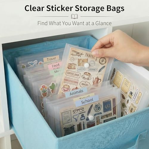 Sticker Organizer, Clear Plastic Envelopes with Snap, 12 Pack Waterproof and Durable for Sticker Storage, Scrapbook Storage, Washi Tape, Scrapbooking & Stamping Supplies (9.5 x 4 Inches)
