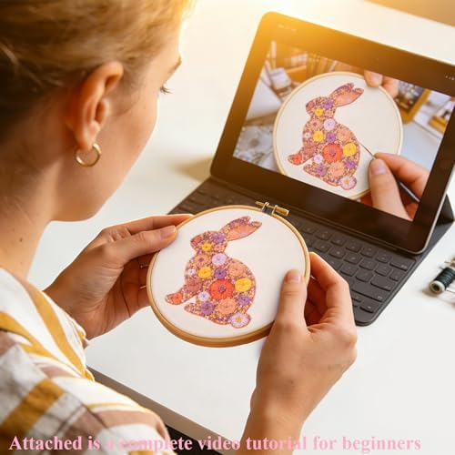 Easter Embroidery Kits for Beginners Adults, Flowers Bunny Embroidery Kits, Hand Stamped Cross Stitch Kits for Beginners Adults & Women Easter Gifts, Entire Set of Embroidery Supplies & Video Tutorial