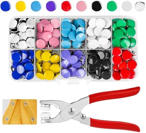 Snap Button Kit 100set, 9.5mm Snap Fasteners Kit with Pliers, Metal Snaps Kit with Tool, Five Claw Buckle Tool Set 10 Colors (Solid 100set)