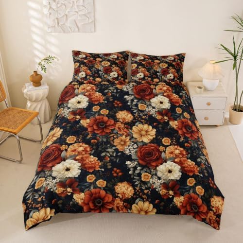 Erosebridal Boho Floral Duvet Cover Queen Size Bohemian Flower Botanical Bedding Set for Adults Teens Women Rustic Farmhouse Floral Comforter Cover Abstract Flowers Bedclothes Room Decor