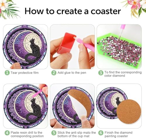Diamond Art Coasters Kit, 6 Pieces Cat Diamond Painting Coasters Kit