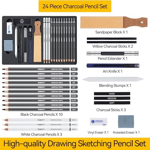 PANDAFLY Professional Charcoal Pencils Drawing Set, 24 Pcs