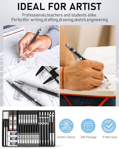 Nicpro 34PCS Black Art Mechanical Pencils Set, Metal Automatic Pencil 0.3, 0.5, 0.7, 0.9 mm & 2PCS 2mm Lead Holder (6B 4B 2B HB 2H 4H Colors) For Sketching Drawing With 19 Tube Lead Refills Case