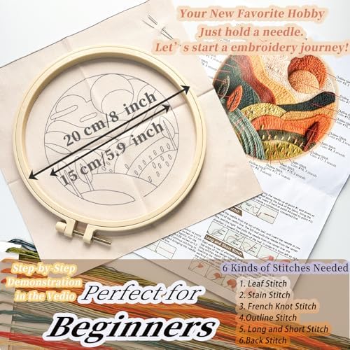 FONNUY Embroidery Kit for Beginners, Textured Vibrant Nature Landscape Pre-Stamped Pattern Kits for Adults with Hoop, Easy to Follow Color Thread Needlework, 8'' Hoop (Green 2)