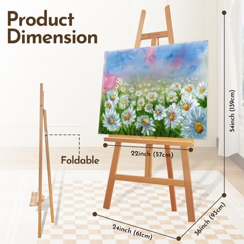 Heavy Duty A-Frame Wood Easel Stand - Adjustable Studio Easel Holds Large Canvas, Mirror, Wedding Sign Up to 90 Inches, Floor Display Easel for Artists & Events, Natural Beechwood
