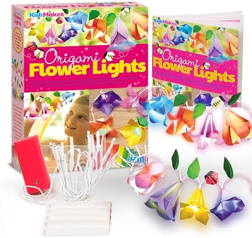 4M KidzMaker Origami Flower Lights Kit for Kids Ages 8-12 – DIY Paper Flower Craft with 10 Color-Changing LEDs, 15 Sheets, Room Decor, STEM Art & Craft Gift