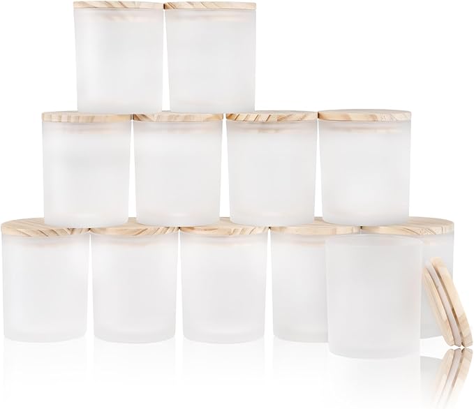 SHOWIN Thick Candle Jars for Making Candles 12 Pcs,10 OZ Empty Jars with Wood Lids for Candle Making, Sample Container, Frosted White