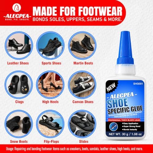 ALECPEA Black Shoe Glue for Sole Repair, Thick Adhesive, 30g with 3 Tips