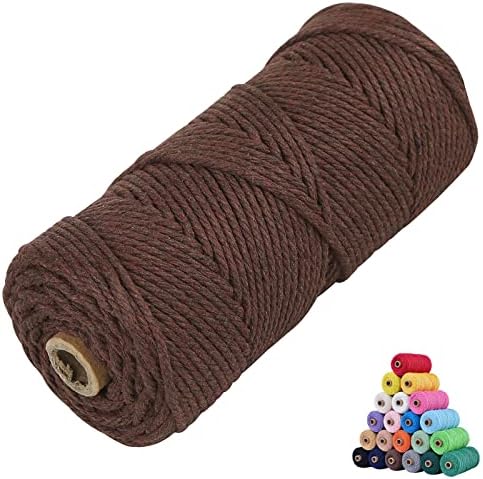 Natural Macrame Cord 3mm x 109yards Colored Macrame Cord 2mm/3mm/4mm/5mm/6mm Macrame Cotton Cord, Twisted Macrame Yarn, Soft Craft Cord Macrame Rope Macrame Supplies (Dark Coffee, 3mm*109Yards)