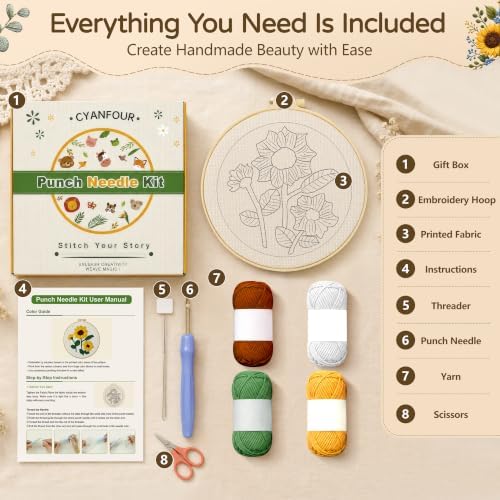 CYANFOUR Punch Needle Kit for Beginners, Sunflower Punch Needle Kits Adults, Craft Kits for Adults with 2 Pre-Printed Fabrics, Embroidery Hoop, Threads, DIY Gift and Home Decor 20 * 20cm