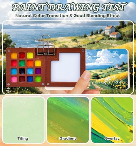 24 Colors Mini Watercolor Paint Set Portable Artist Travel Kit with Walnut Wood Palette 15 Grid Paint Wells Storage Pouch Metal Clip Sketchbook 5 Watercolor Brushes Pocket Palette Set