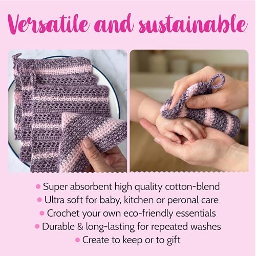 KnitPal Dishcloth Crochet Kit for Beginners (Plum Purple + Blush Pink)