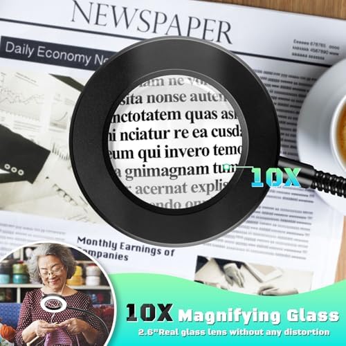 10X Magnifying Glass with Light and Stand,Hands Free Clip on Magnifier Lamp