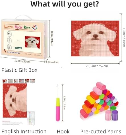 Latch Hook Rug Kit for Adults Merry Christmas Maltese Dog Pre-Printed Handmade Carpet Crochet Yarn Craft DIY Hook and Latch Door Mat Tapestry Home Floor Decoration 52x38cm(12)