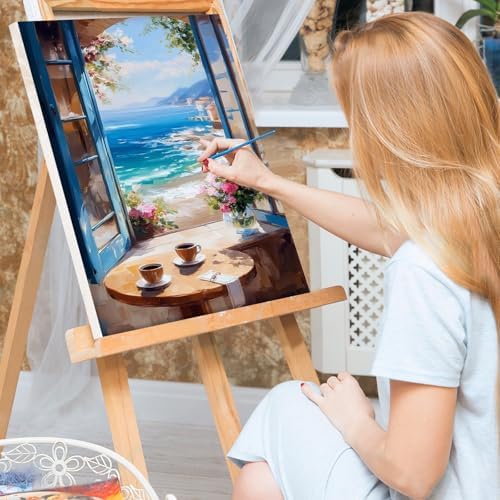 Bowetile Framed Landscape Paint by Numbers Kit for Adults, Adults' Paint-by-Number Kits on Canvas, Painting by Numbers Seaside, Acrylic Number Painting for Home Wall Decor, 8x12in