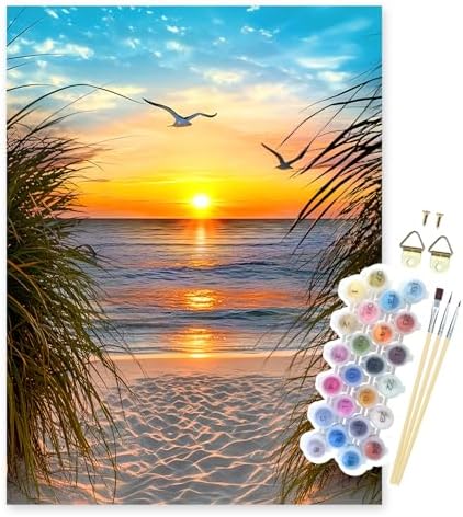 Paint by Numbers Kit for Adults, Beach Sunset Art for Beginners, 16x20 Inch