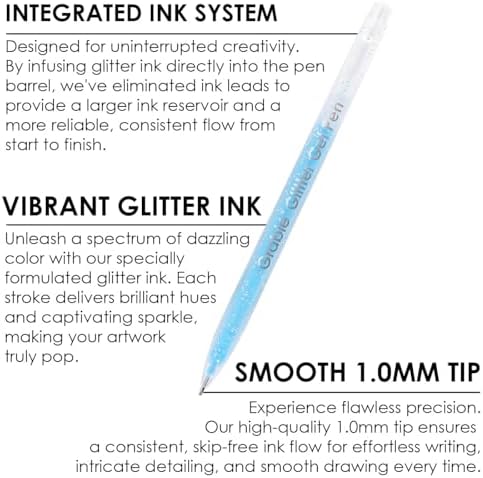 Grabie Set of 42 Color Glitter Gel Pens, 1.0 mm Fine Tip Art Pens | Brilliant Glitter Effects, Consistent Ink Flow, Comfortable Grip, Creative Lettering, Smooth Writing, Ideal For Coloring