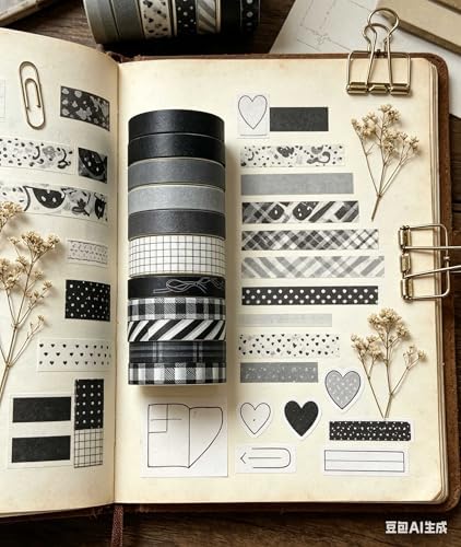 Vintage Thin Washi Tape, 7mm Narrow Decorative Tape for Journaling Planner Border Detailing，Bullet Journal, Minimalist Black White Fine Line Skinny Masking Tape for DIY Crafts Scrapbooking (20 Rolls)