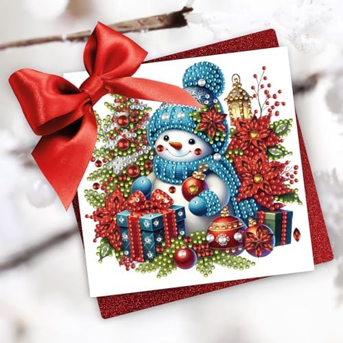 6Pcs Christmas Greeting Card DIY Diamond Art Painting Greeting Cards Blessing Folding Card Kit with White Envelopes Diamond Arts Crafts for Birthday Festival Gift-Snowman