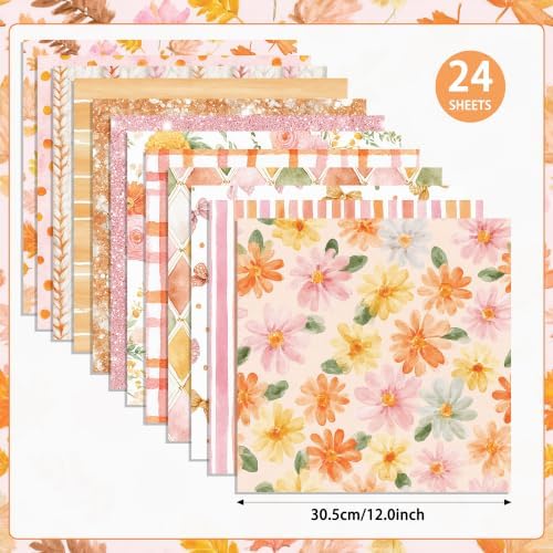 24 Sheets Orange Floral Scrapbook Paper, 12x12 Double Sided Craft Paper Pad