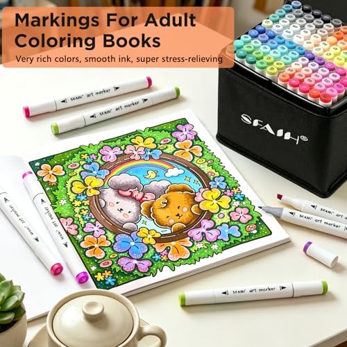 SFAIH Dual Tip Alcohol Markers, 101 Colors, Chisel & Fine Art Coloring Set | Easy to Blend, Storage Case, Adult Coloring Books Illustration Sketch Design, Drawing, Colorless Blender, Art Lovers Artist
