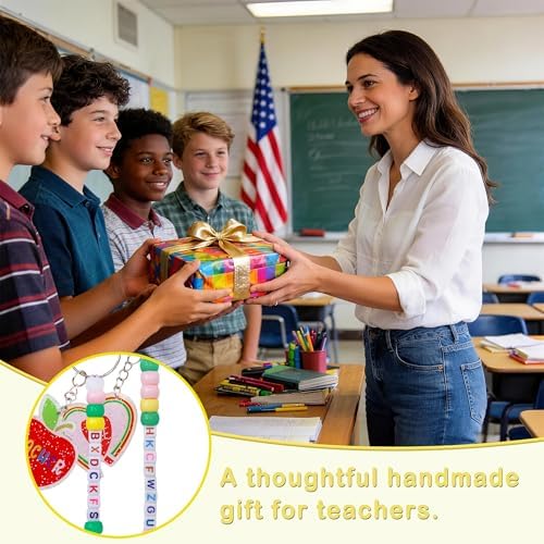 Tuhangcc Unique Design 16 Sets Teacher DIY Charm Bead Keychain Kit with 10 A-Z Letter Beads 16 Charms & Greeting Card for Teacher Day Gift (Teacher's Day)