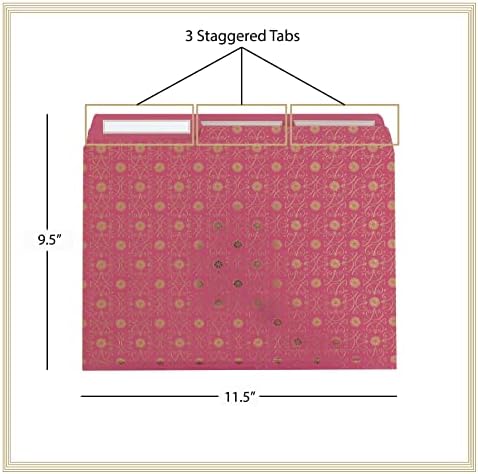 Anna Griffin Pink File Folders - 12 Letter Size Foil Stamped Folders with 3 Tab Dividers, Fashionably Designed for Optimal Organization in Any Setting