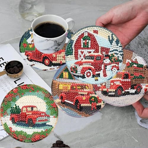 ijbnhd 8 PCS Christmas Diamond Art Coasters Kit with Holder