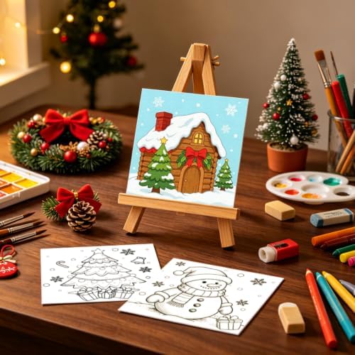 Christmas 12 Packs Pre Drawn Canvas to Paint, Pre Printed Canvas for Painting, Pre Stretched Canvas Outline Painting Boards for Beginners, Students, Party Favors(4 * 4in) (Christmas)