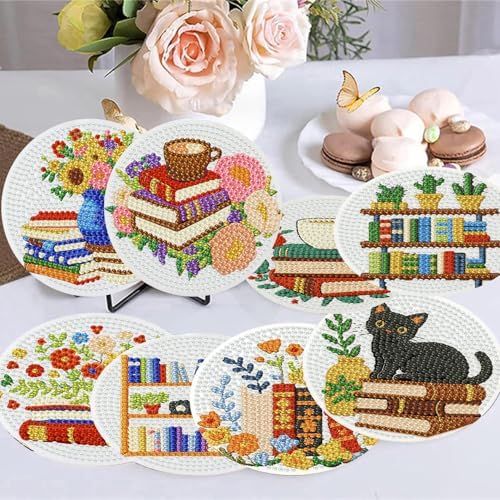 8 Pack Diamond Art Coasters,Bookshelf Diamond Painting Coasters Kits