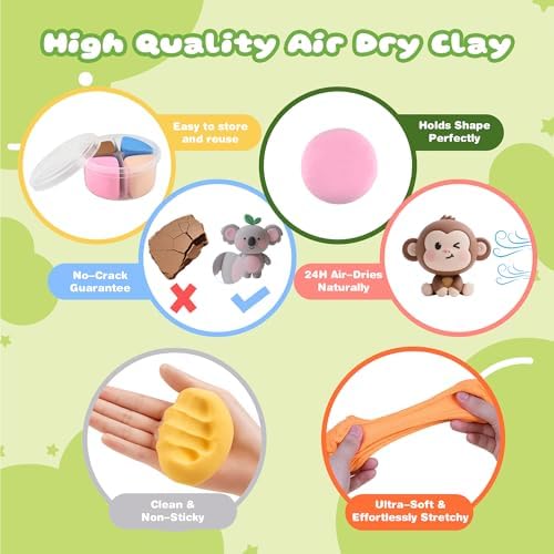 Nicella Air Dry Clay Kit, 12 Animals Modeling Clay for Kids, Model Magic Clay with Sculpting Tools and Tutorials, Safe & Non-Toxic, DIY Arts & Crafts School Projects, Home Party Favors for Boys Girls