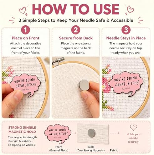 Needle Minder for Keeping Sewing & Embroidery Needles – Magnetic Needlepoint Holder, Cross Stitch Supplies – Secure & Decorative Needle Minders for Stitching & Crafting (You're Doing Great)