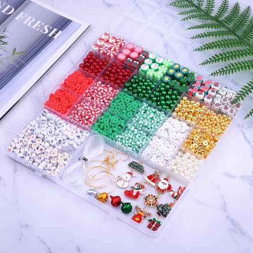 BBita 3680pcs Christmas Polymer Clay Beads Charms for Bracelets Making Kit Christmas Tree Snowman Santa Claus Snowflakes Bells Socks elk Friendship DIY Arts Crafts Gifts for Kids Girls