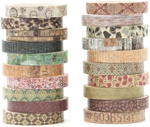20 Rolls Skinny Vintage Washi Tape Set Retro Arts Adhesive Tapes Basic Patterns Decorative Masking Tape Sets for Craft, Kids, Scrapbook, DIY, Gift Wrapping (Through the Years)