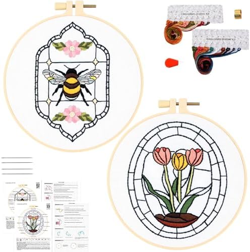 Armindou Flowers Bee Embroidery Kits for Beginners Adults, Floral Hand Embroidery Set Needlepoint DIY Kits, Stamped Cross Stitch Kits for Beginners Adults, 2 Embroidery Hoops (Attached Video Tutorial)