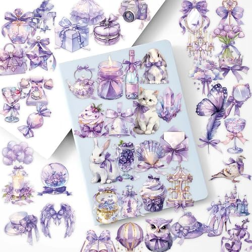 50 Pcs Romantic Purple Dreamy Transparent Scrapbook Stickers – Fantasy Fairycore Crystal Bow Ribbon Castle Animals Clear Journaling Decorative Stickers