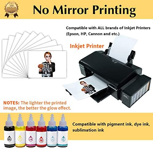 TransOurDream Heat Transfer Paper for Dark T Shirts (10 Sheets, 8.5x11'') Glow in THE Dark Iron on Transfers Paper Printable Heat Transfer Vinyl for Inkjet Printer