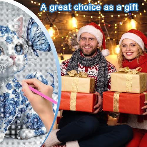 MVVMTOP Diamond Painting Kit for Adults 5D DIY Blue and White Porcelain cat and Butterfly Full Drill Round Diamond Art Kits for Beginners Crystal Rhinestone Embroidery Painting Home Wall Decor Gift